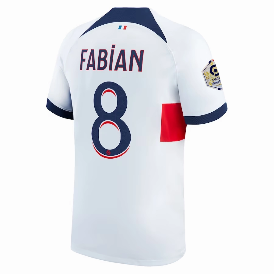 Nike Paris Saint-Germain Fabian Away Jersey w/ Ligue 1 Patch 23/24 (White/Midnight Navy) Comfort Fit Collar
