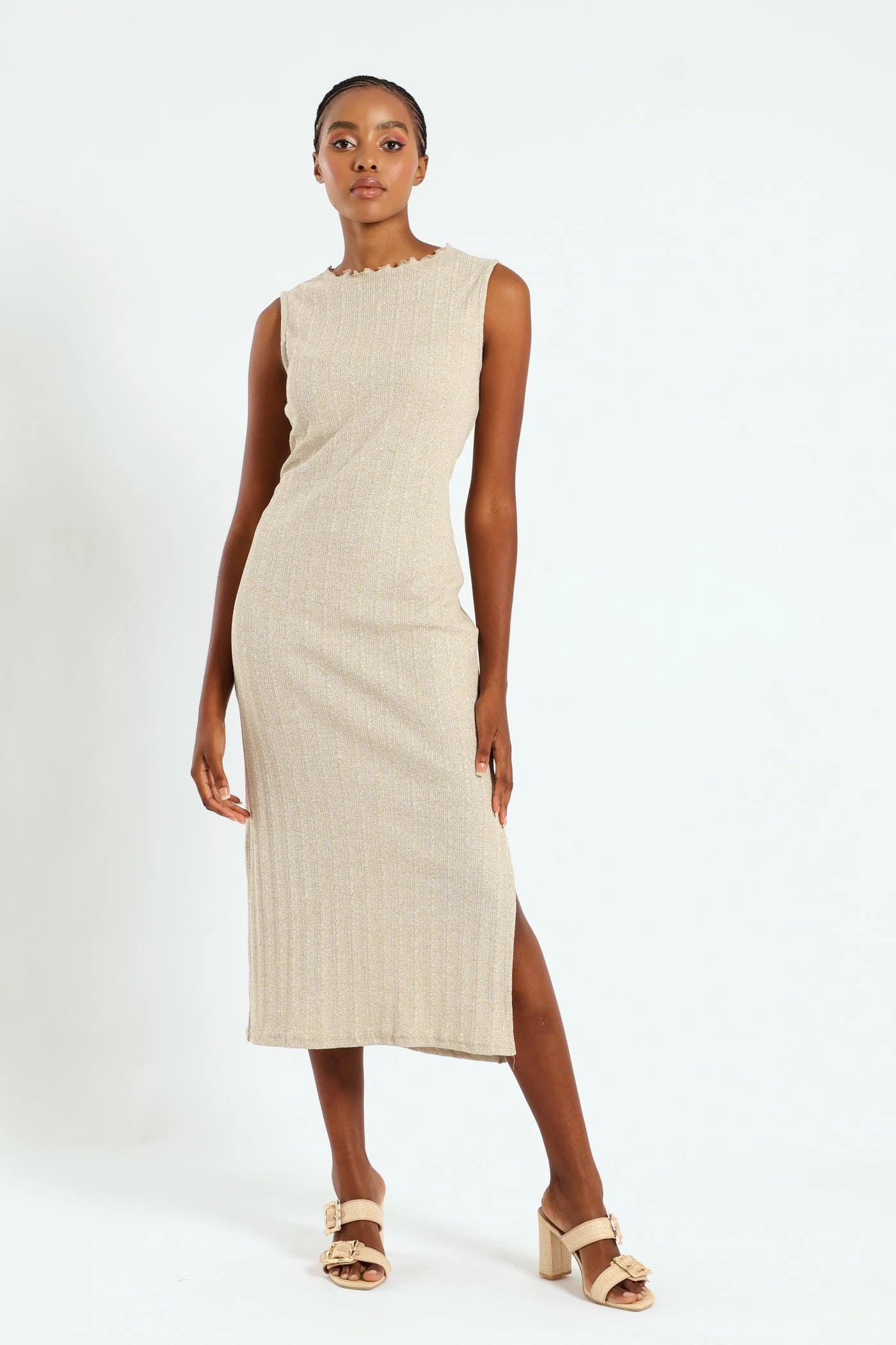 Lettuce Neck Rib Column Shimmer Maxi Dress - Oatmeal Melange Layered Wear Travel Vibe