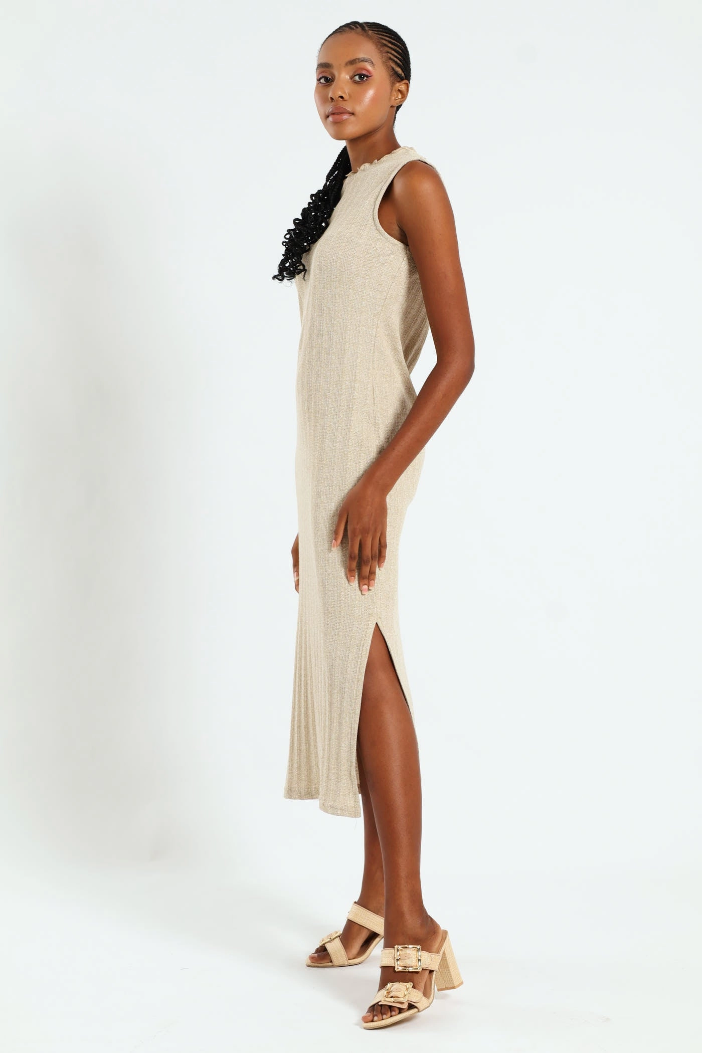Lettuce Neck Rib Column Shimmer Maxi Dress - Oatmeal Melange Layer Safe Free Shape