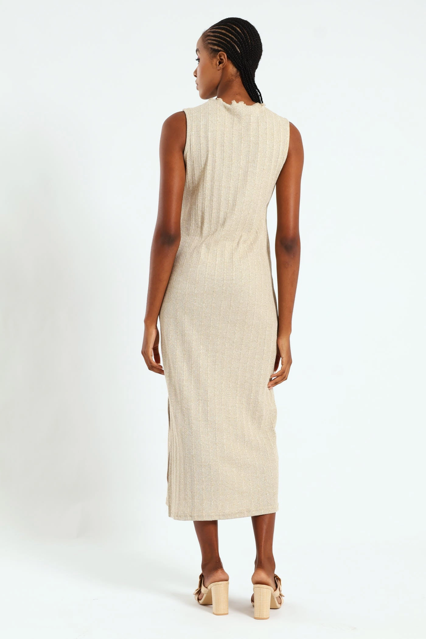 Smooth Blend Lettuce Neck Rib Column Shimmer Maxi Dress - Oatmeal Melange