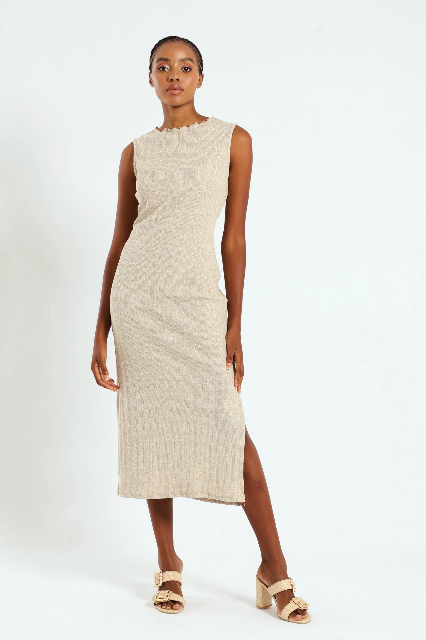 Lettuce Neck Rib Column Shimmer Maxi Dress - Oatmeal Melange Seasonal Fit Timeless Look