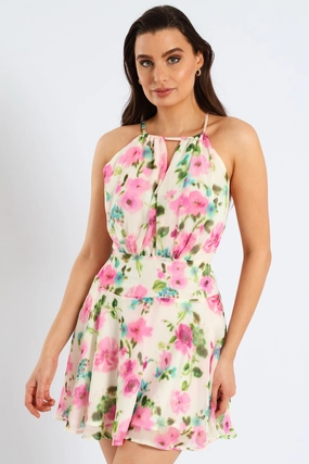 Sleek Motion High Neck Drop Waist Blouson Mini Dress - Off White