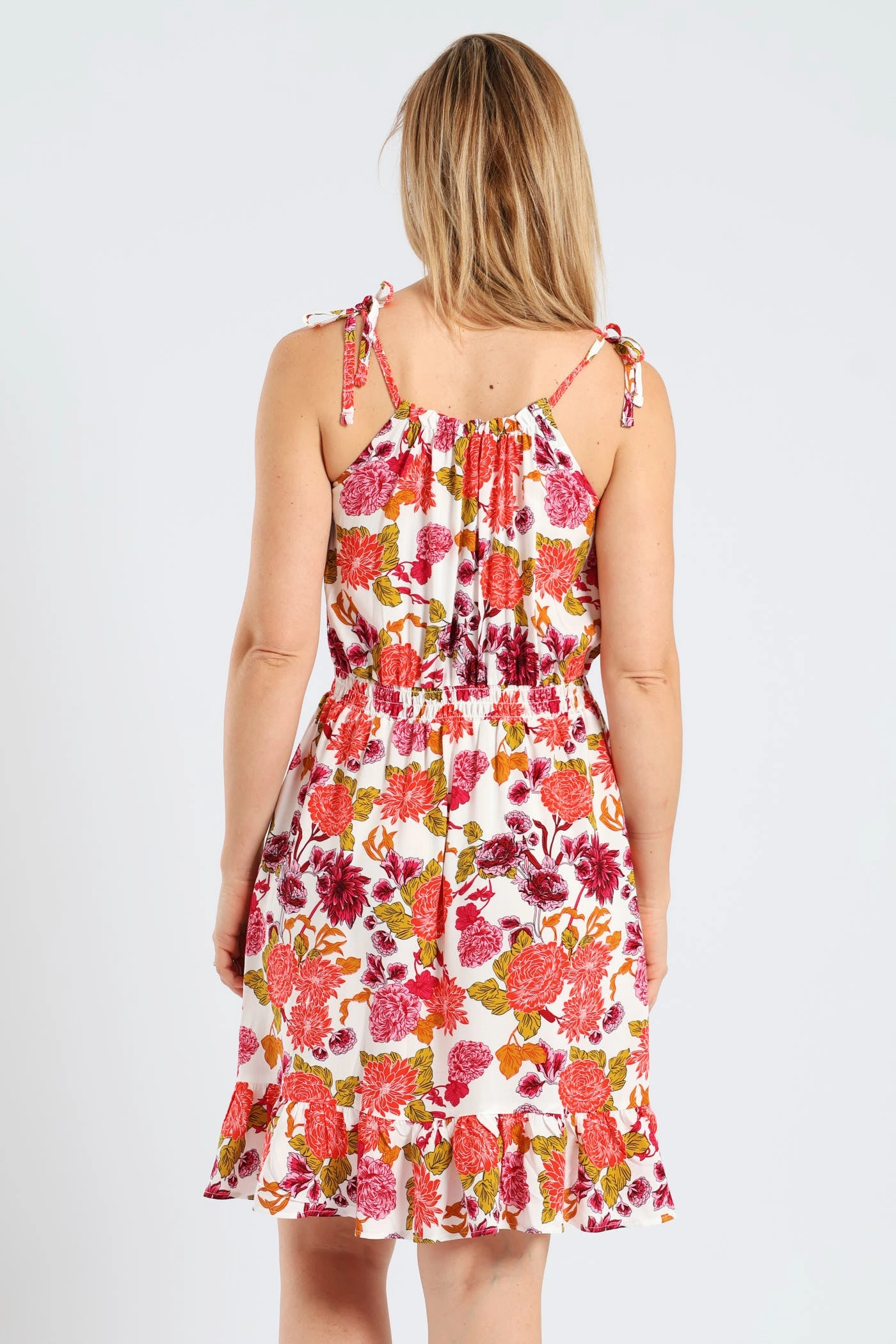Dreamy Touch Sleeveless Strappy Shirred Waist Printed Mini Dress - White