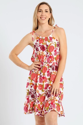 Sleeveless Strappy Shirred Waist Printed Mini Dress - White City Layering City Ready