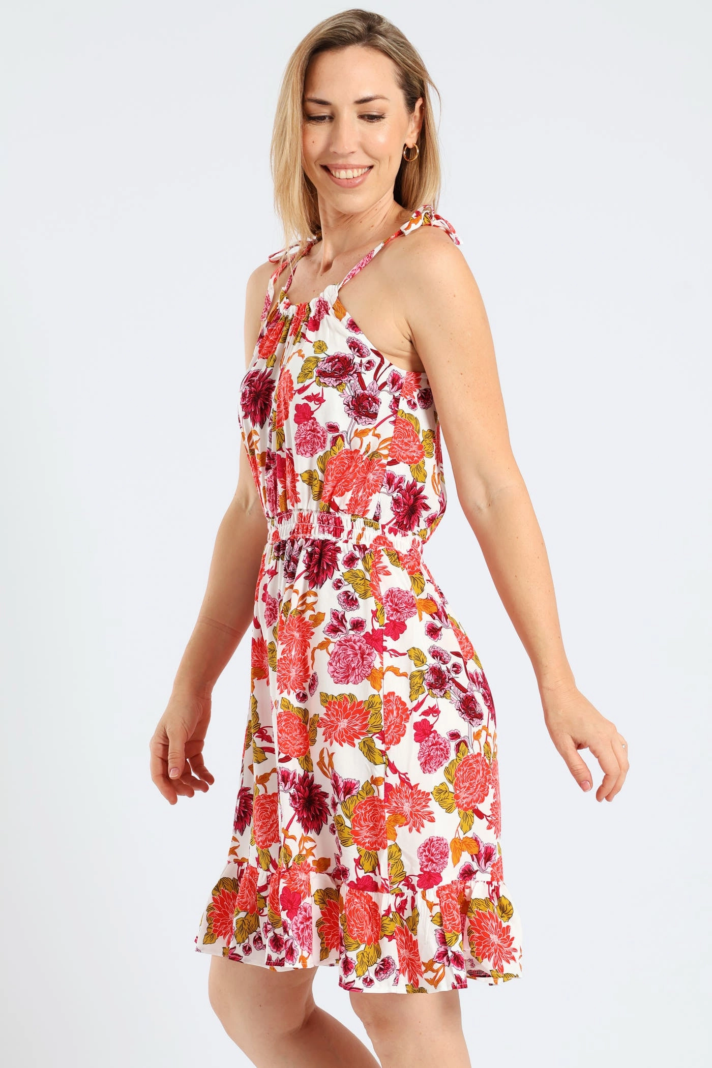 Spring Ready Sleeveless Strappy Shirred Waist Printed Mini Dress - White