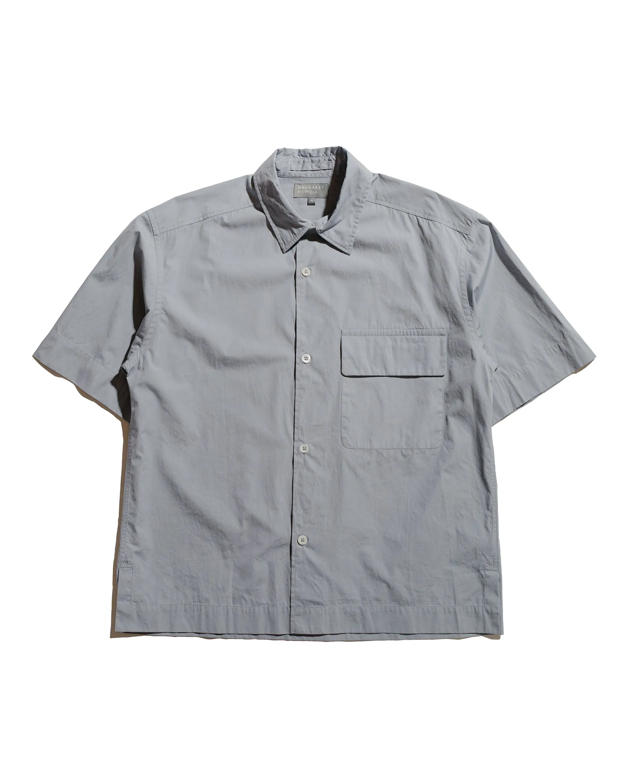 Moisture Management Tech Margaret Howell Short Sleeve Flap Pocket Shirt Compact Cotton Plainweave Pewter