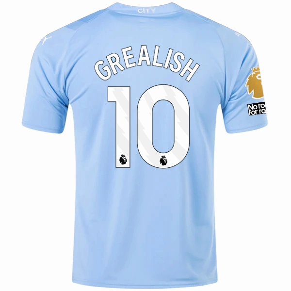 Muscle Motion Puma Manchester City Jack Grealish Home Jersey w/ EPL   No Room For Racism   Club World Cup Patches 23/24 (Team Light Blue/Puma White)
