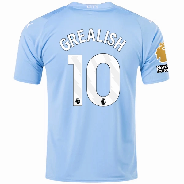 Air Optimized Double Stitched Edges Puma Manchester City Jack Grealish Home Jersey w/ EPL   No Room For Racism   Club World Cup Patches 23/24 (Team Light Blue/Puma White)