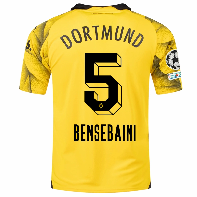 Puma Mens Borussia Dortmund Ramy Bensebaini Third Jersey w/ Champions League Patches 23/24 (Cyber Yellow/Puma Black) Sport Performance
