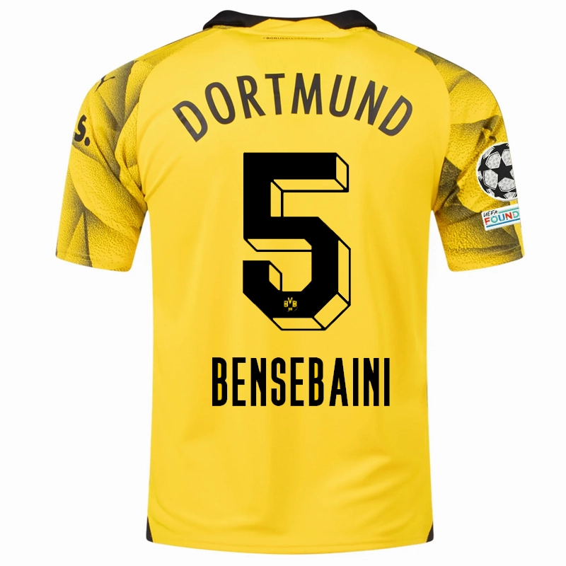 Puma Mens Borussia Dortmund Ramy Bensebaini Third Jersey w/ Champions League Patches 23/24 (Cyber Yellow/Puma Black) Moisture Control System