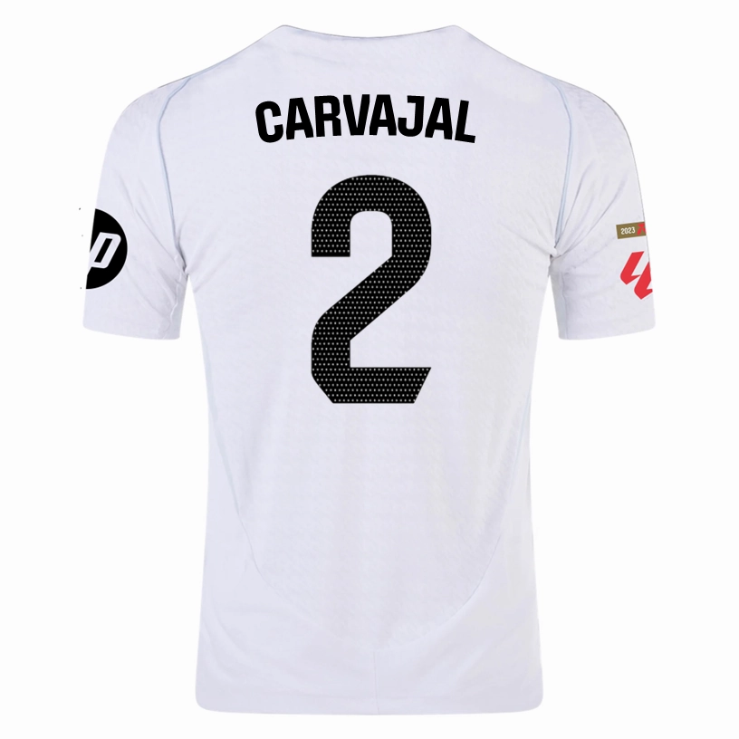 Anti Pill Finish Breathable Underarm Gussets adidas Carvajal Real Madrid Authentic Home Jersey w/ La Liga Patches 24/25 (White/Black)