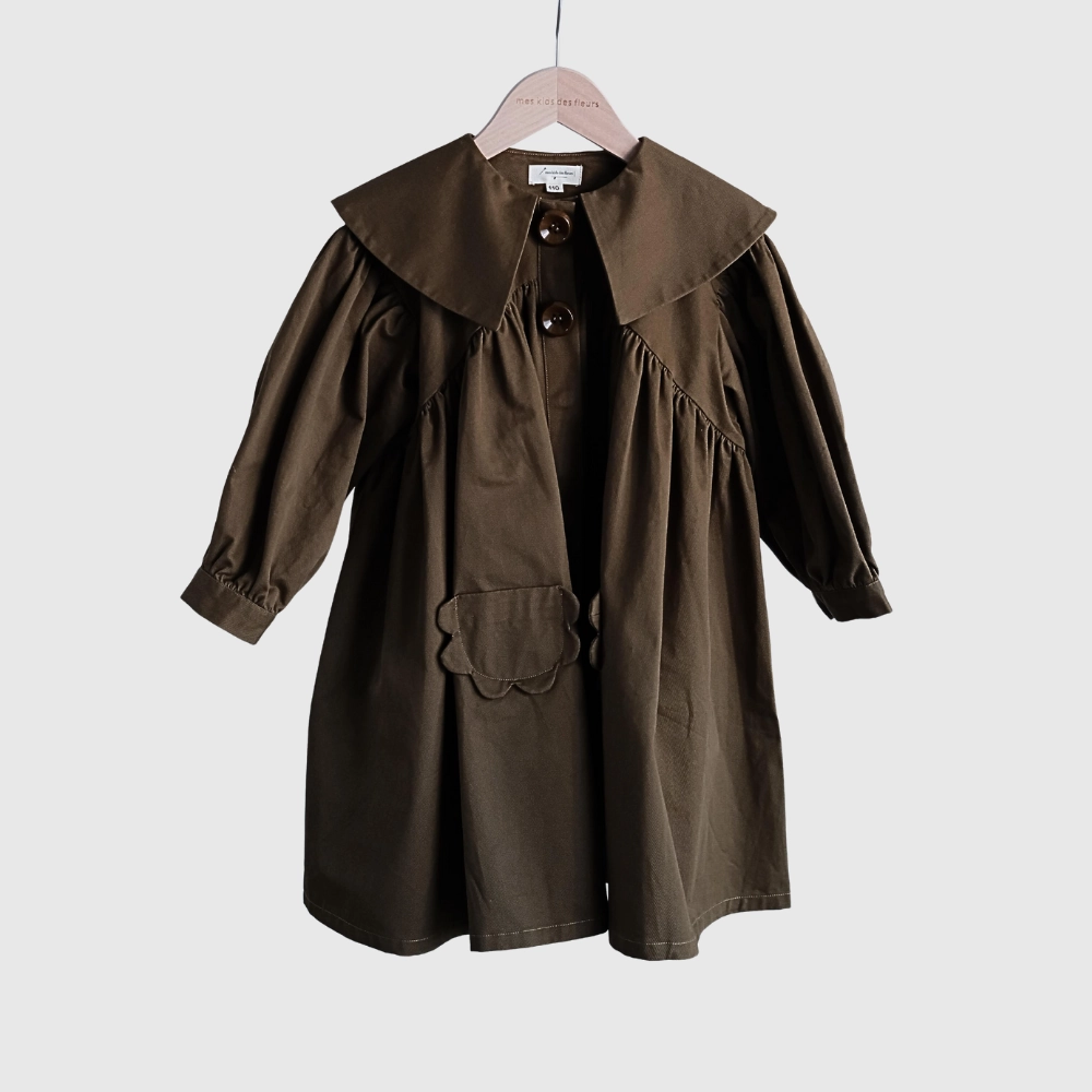 Windproof Hood Mes Kids Des Fleurs Trench Coat, Olive Green