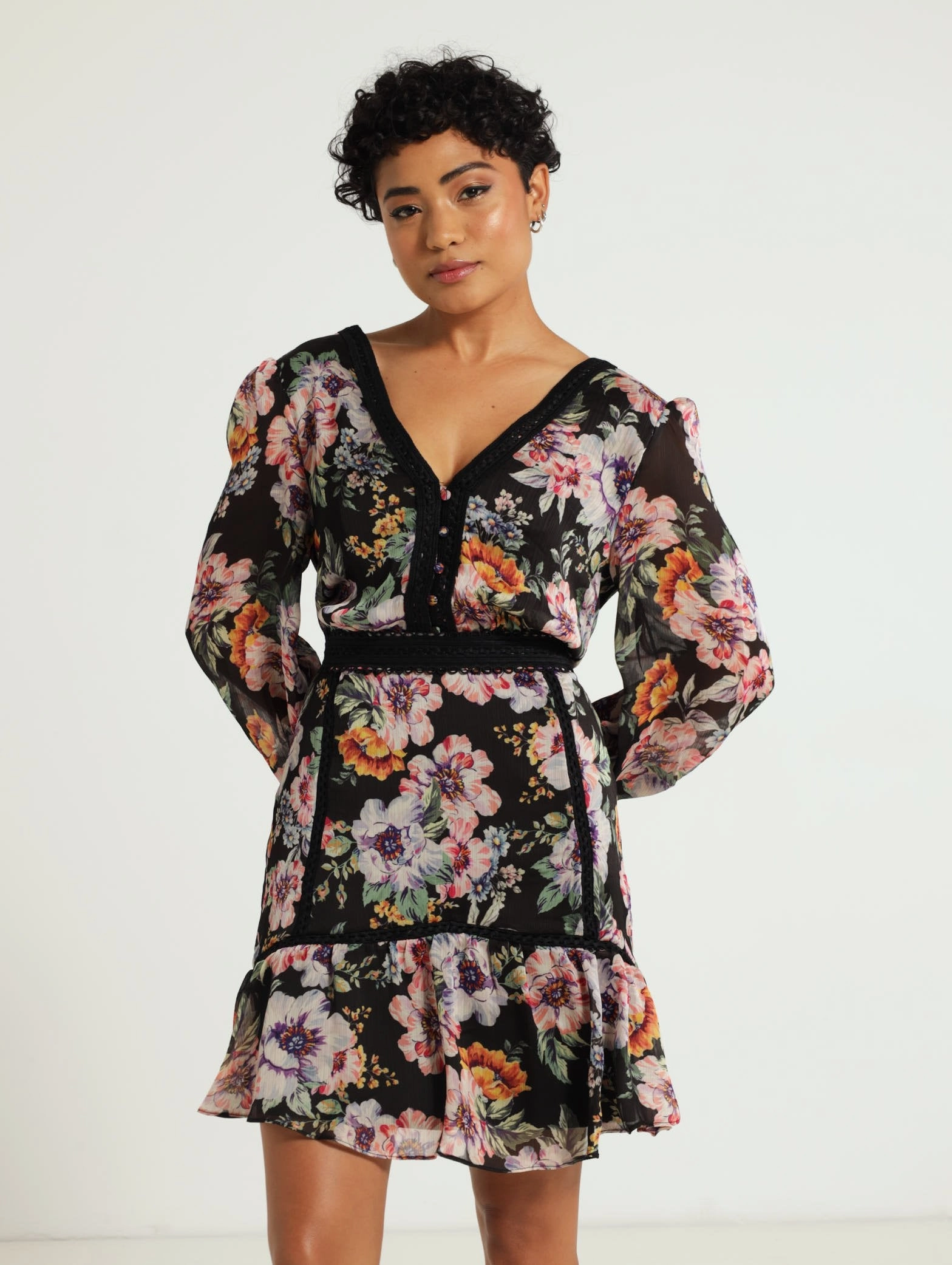 Layered Look Comfy Detail Long Sleeve Elana Dress - Black