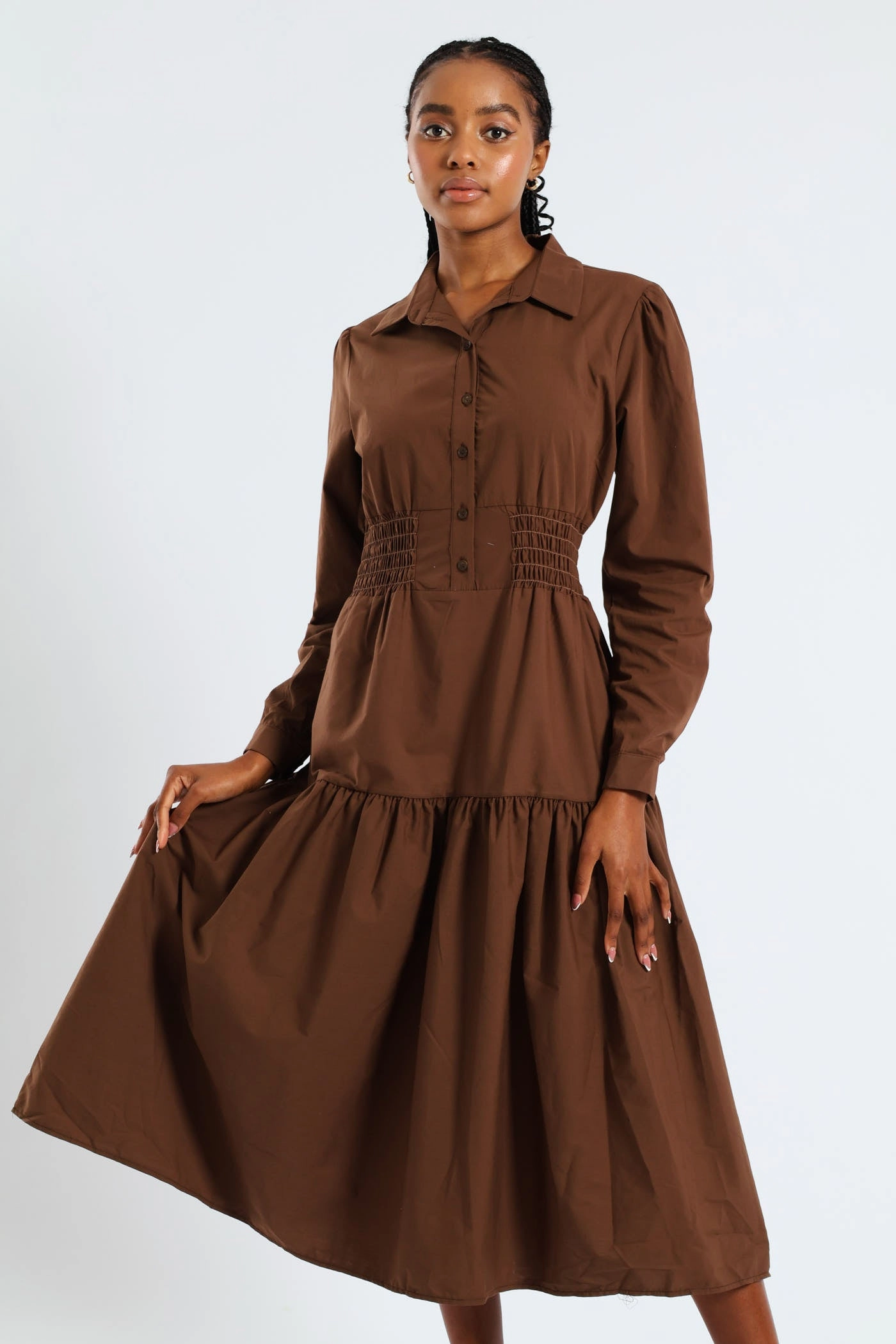 Satin-Edge Light Bow Long Sleeve Shirred Waist Tiered Midi Dress - Dark Brown