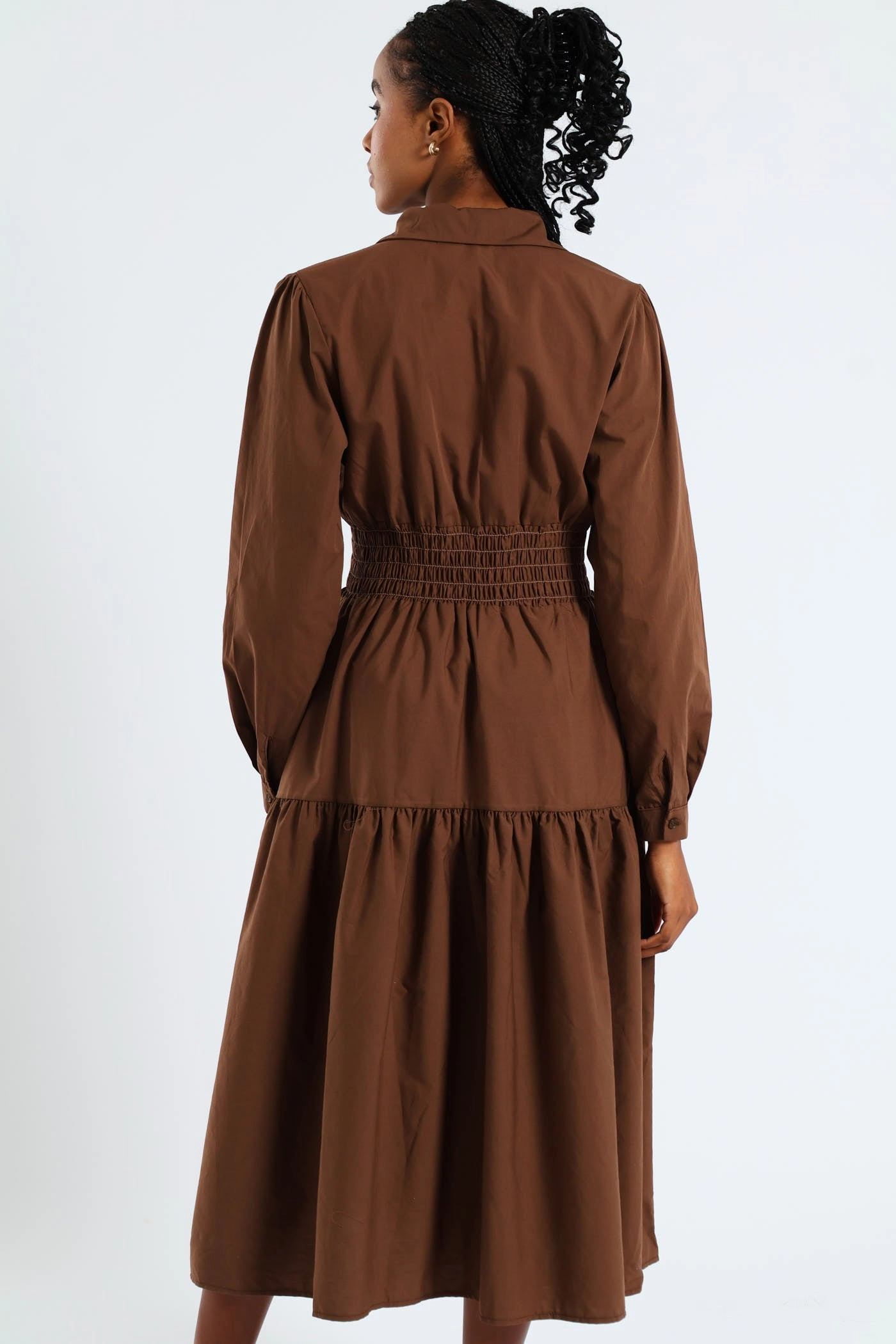 Organic-Fabric Long Sleeve Shirred Waist Tiered Midi Dress - Dark Brown