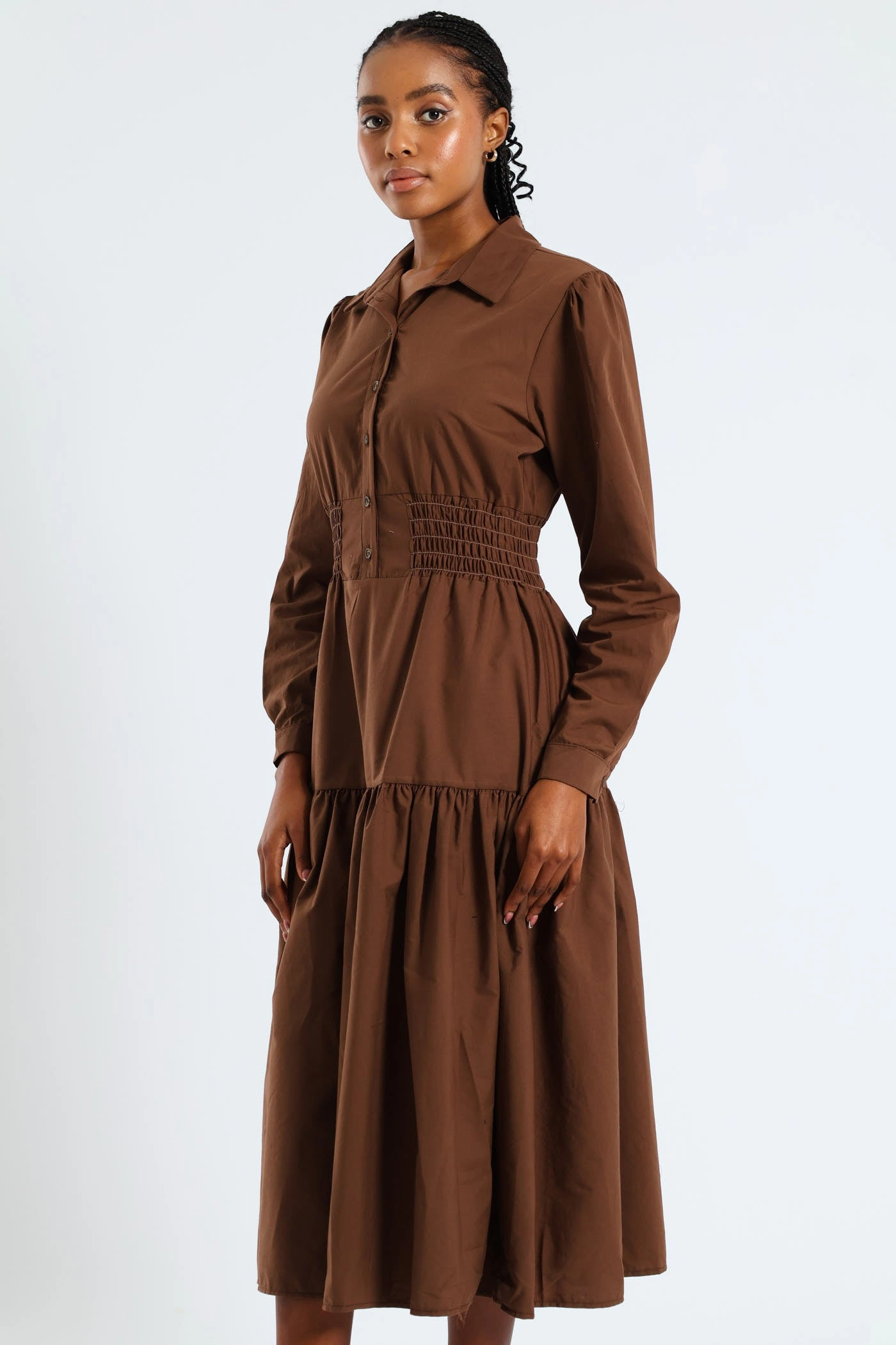 Brunch Tone Glamorous look Long Sleeve Shirred Waist Tiered Midi Dress - Dark Brown