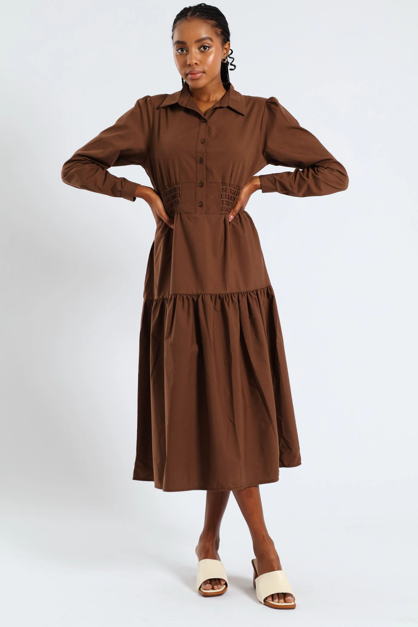 Understated Charm Long Sleeve Shirred Waist Tiered Midi Dress - Dark Brown