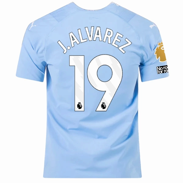 Seamless Knitting Puma Manchester City Authentic Julian Alvarez Home Jersey w/ EPL   No Room For Racism   Club World Cup Patches 23/24 (Team Light Blue/Puma White)