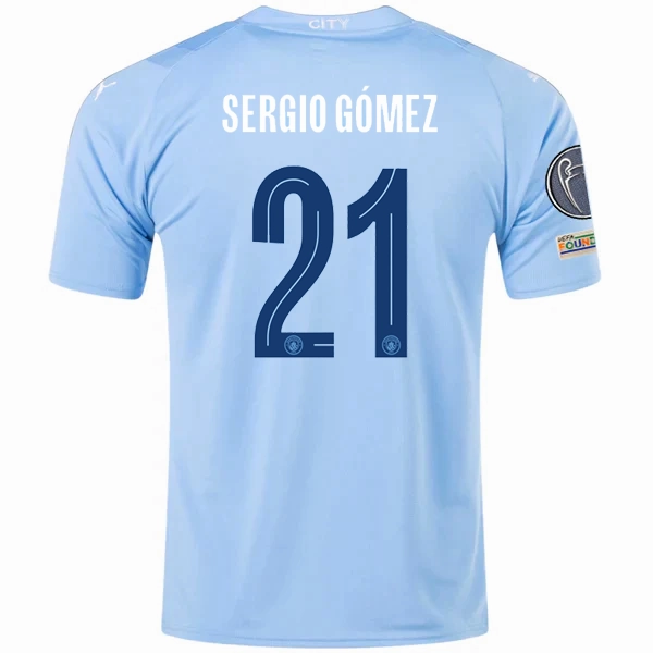Puma Manchester City Sergio Gomez Home Jersey w/ Champions League   Club World Cup Patches 23/24 (Team Light Blue/Puma White) Lightweight Mesh Panels