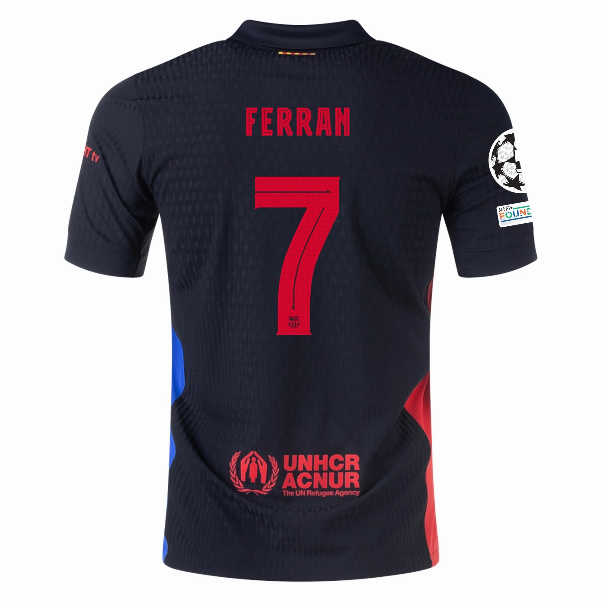 All Day Comfort Fit Energy Wear Nike Barcelona Authentic Ferran Torres Away Jersey w/ Champions League Patches 24/25 (Black/University Red/Hyper Royal)