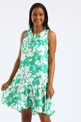 Frill Neck Printed Drop Hem Dress - White/Green Red-Carpet Elegant formal outfit