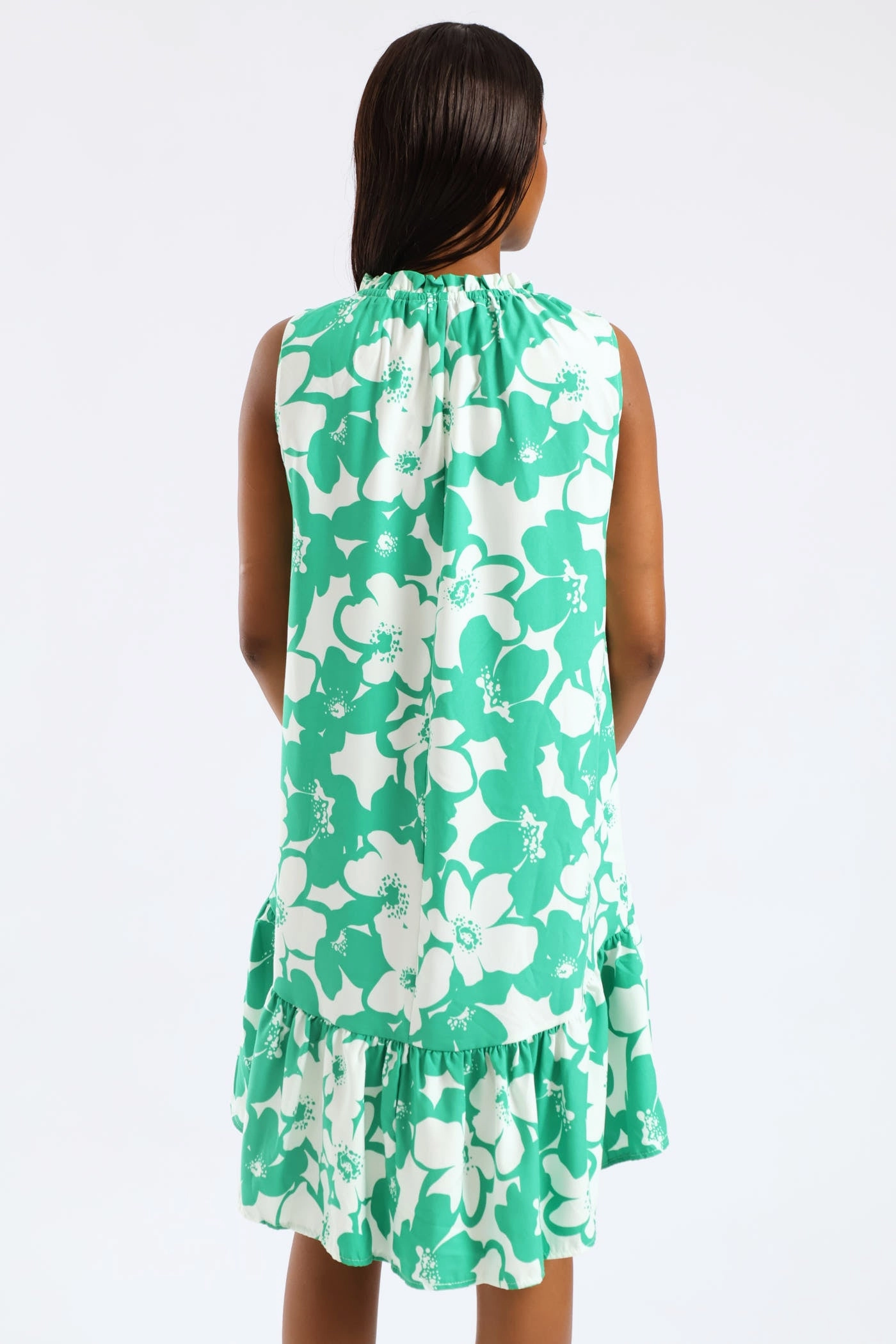 Shimmer-Finish Frill Neck Printed Drop Hem Dress - White/Green