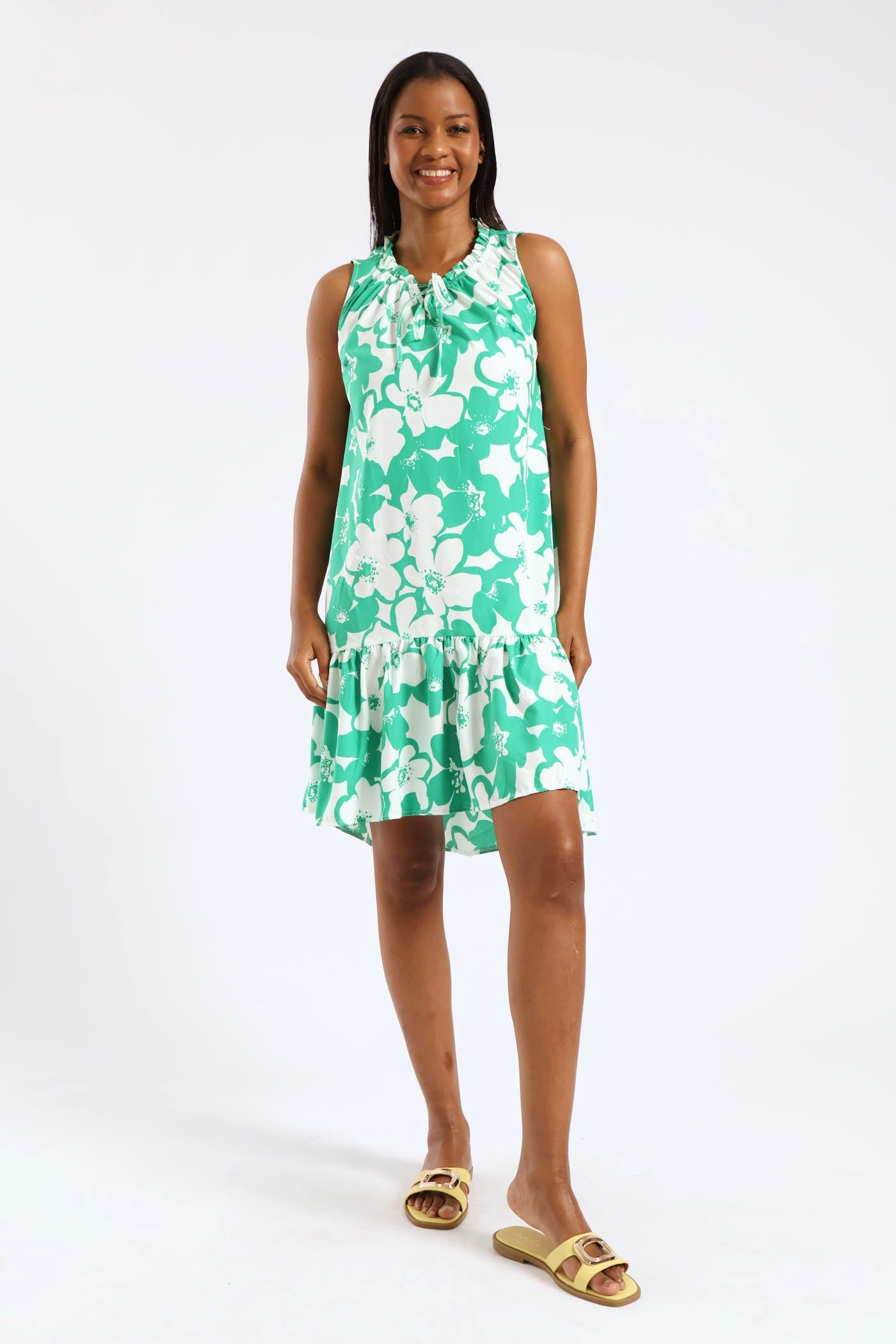 Everyday Comfort Urban Line Frill Neck Printed Drop Hem Dress - White/Green