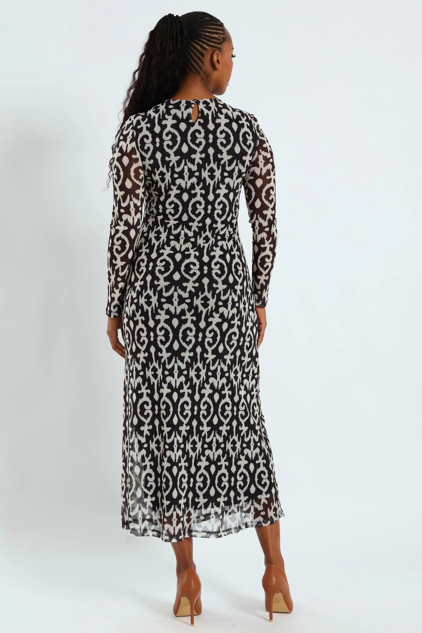Satin Soft Work Favorite Printed Mesh A-Line Maxi Dress - Black/Cream