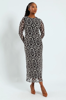 Printed Mesh A-Line Maxi Dress - Black/Cream Versatile dress for layering