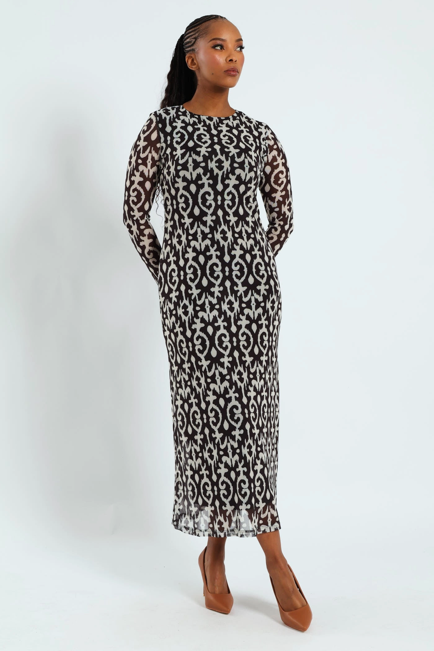 Printed Mesh A-Line Maxi Dress - Black/Cream Chic Direction