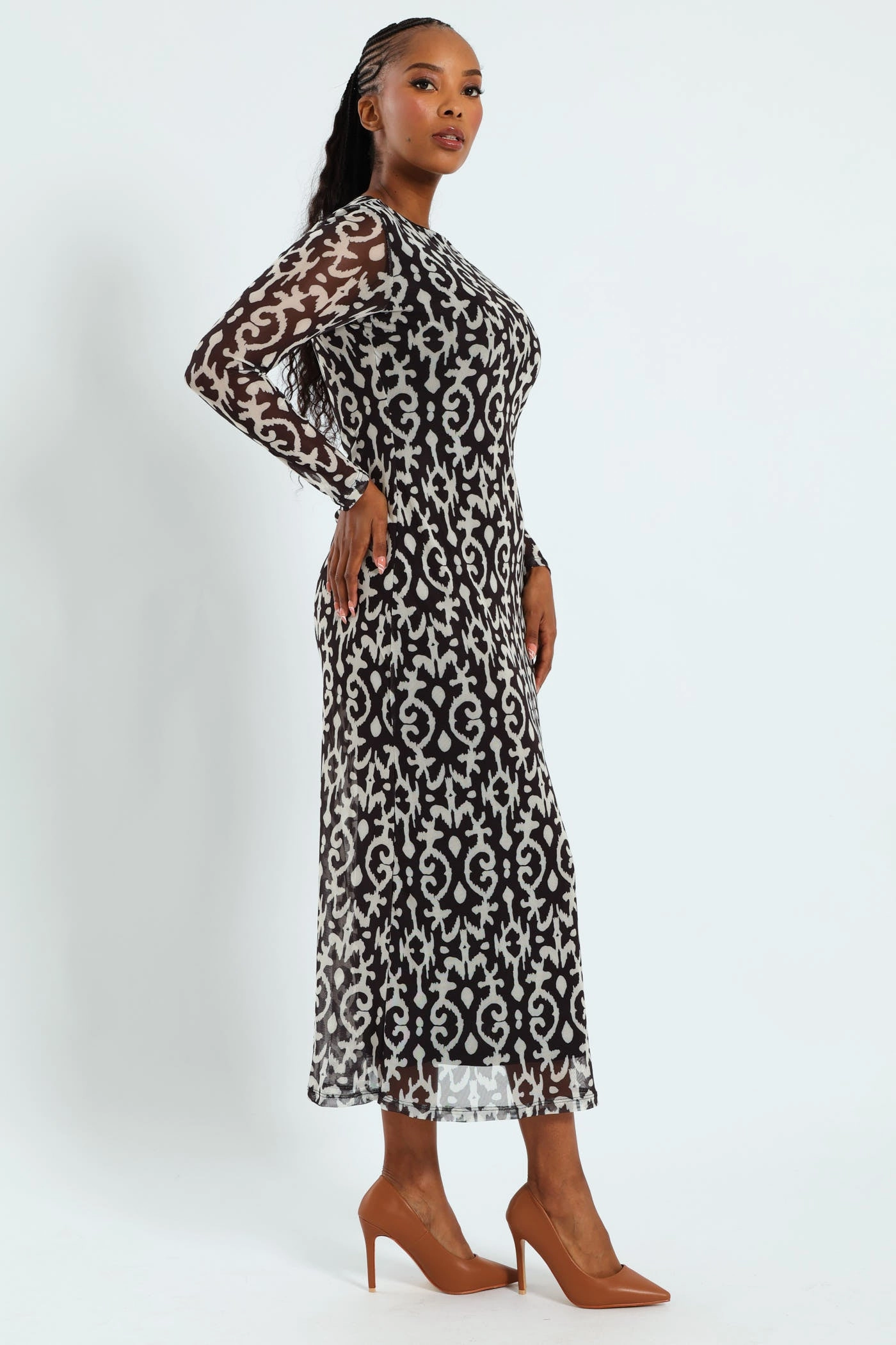 Printed Mesh A-Line Maxi Dress - Black/Cream soft elegance Office Classic
