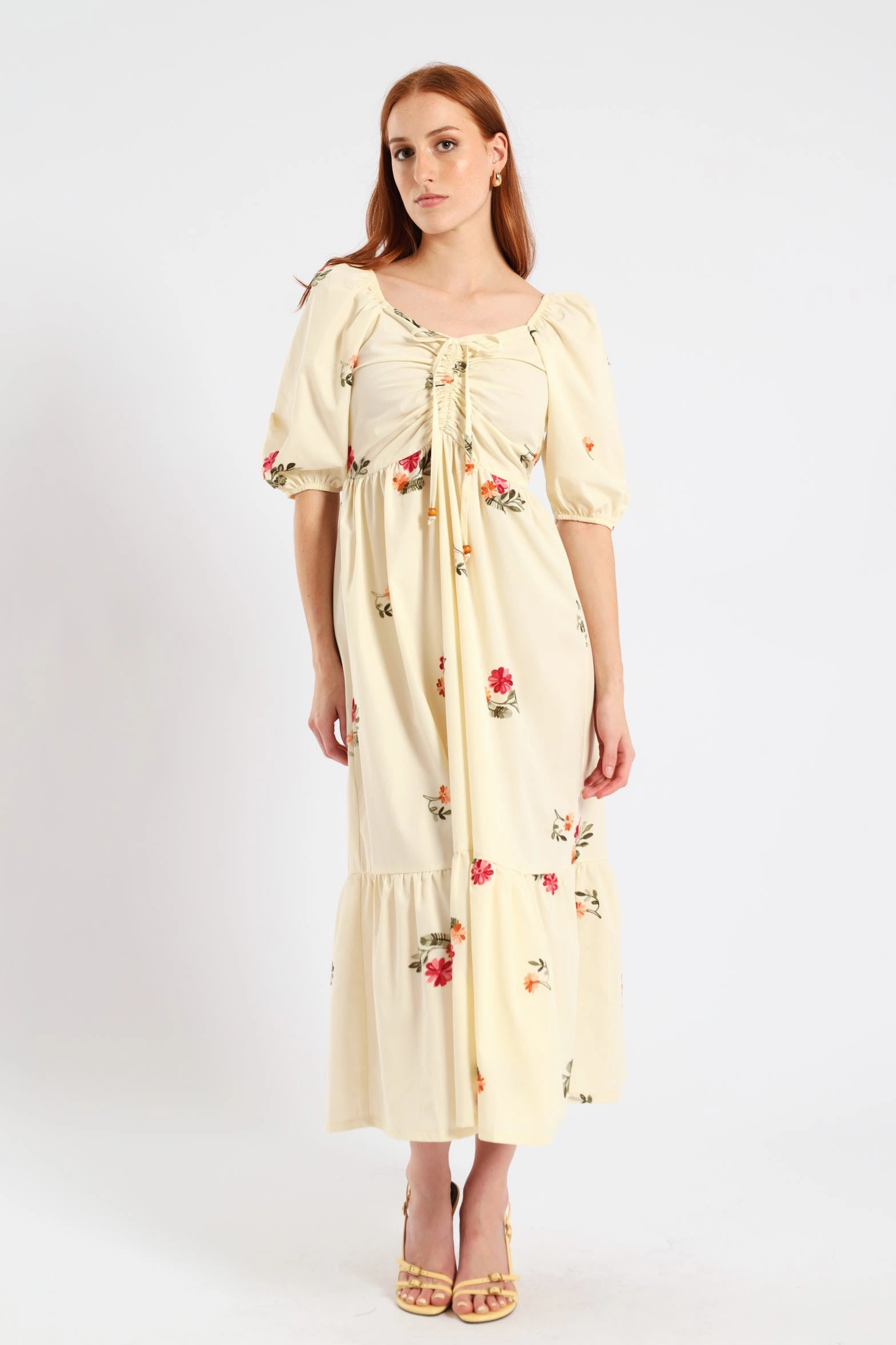 Ruched Tiered Midi Dress - Cream Texture Play Urban Touch