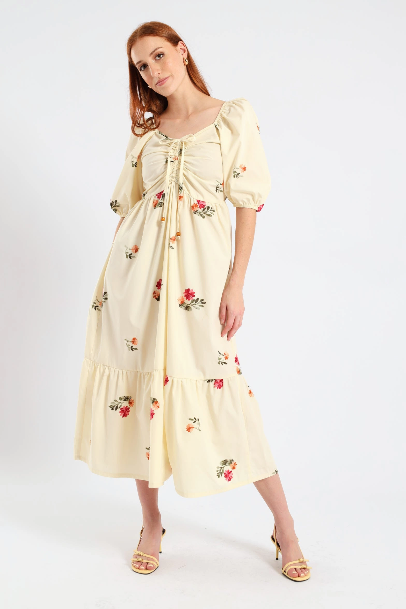 Ruched Tiered Midi Dress - Cream Classic Grace
