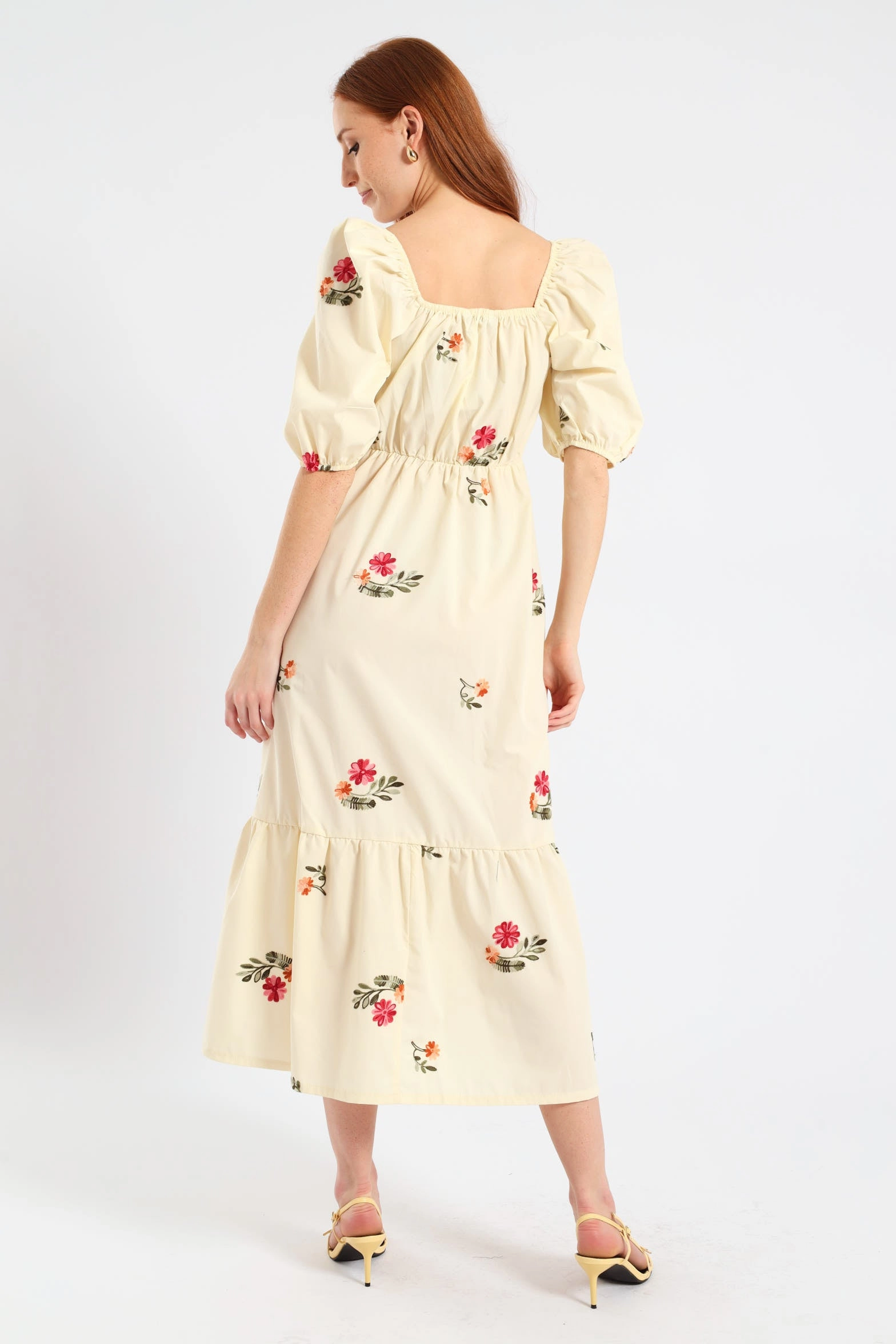 Vintage Vibe Ruched Tiered Midi Dress - Cream