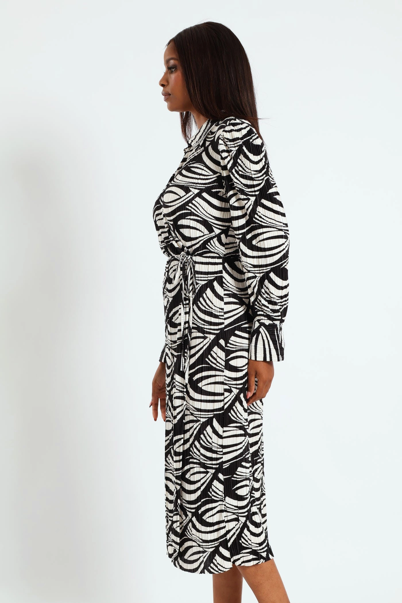 Neutral Aesthetic Collared Mock Wrap Plisse Midi Dress - Cream