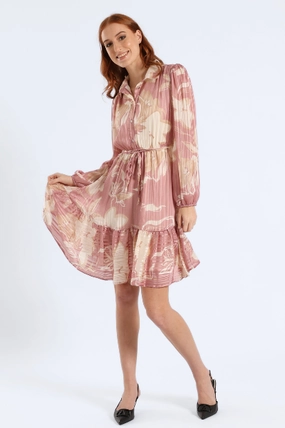 Button Through Tiered Floral Tea Dress - Pink Layered Form