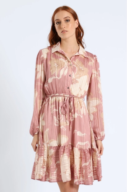 Relax Form Fitted Design Button Through Tiered Floral Tea Dress - Pink