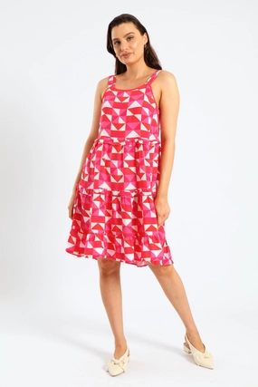 Rickrack Detail Tiered Mini Sun Dress - White/Pink Mermaid-Hem