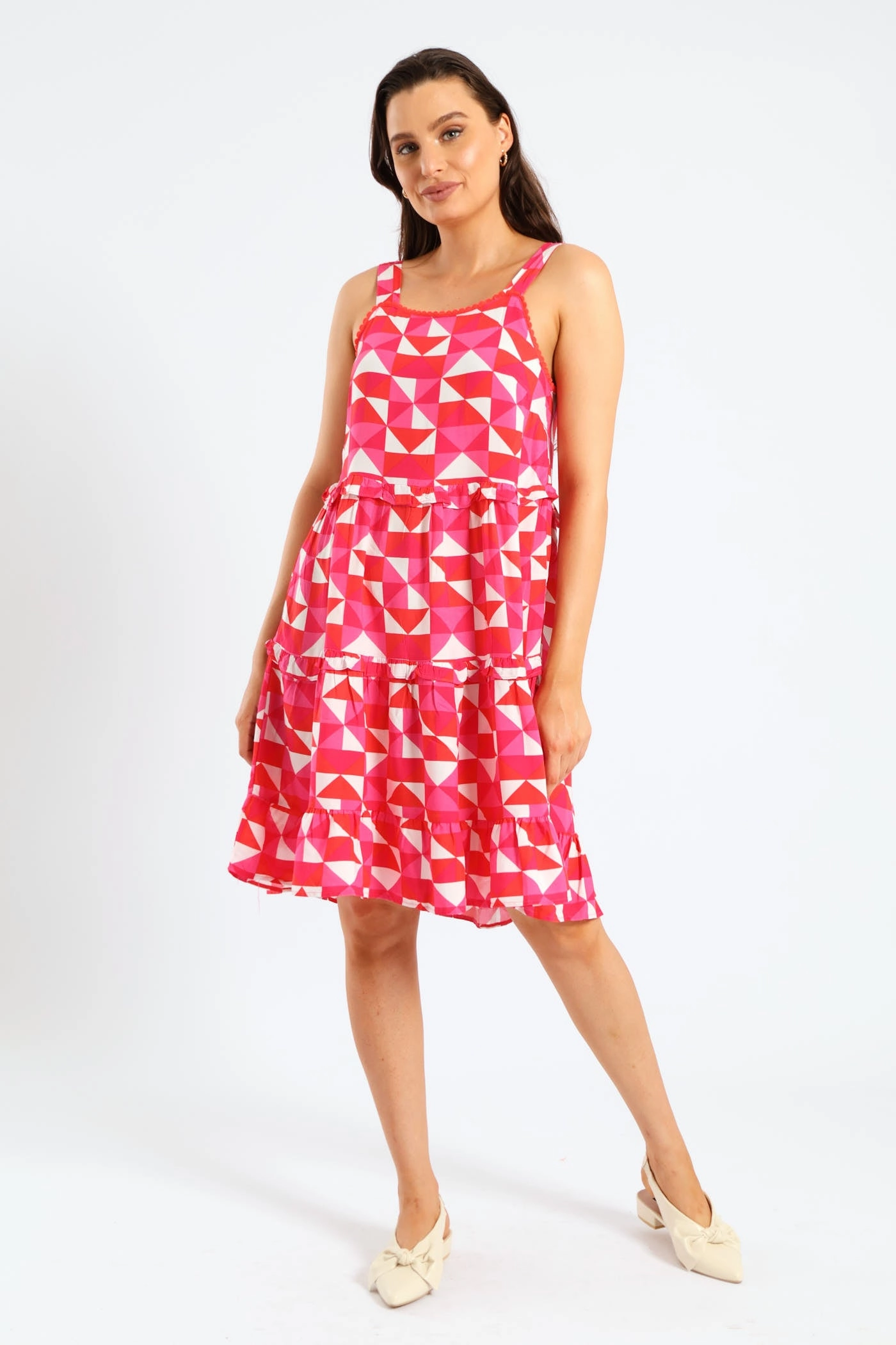 Rickrack Detail Tiered Mini Sun Dress - White/Pink Mermaid-Hem