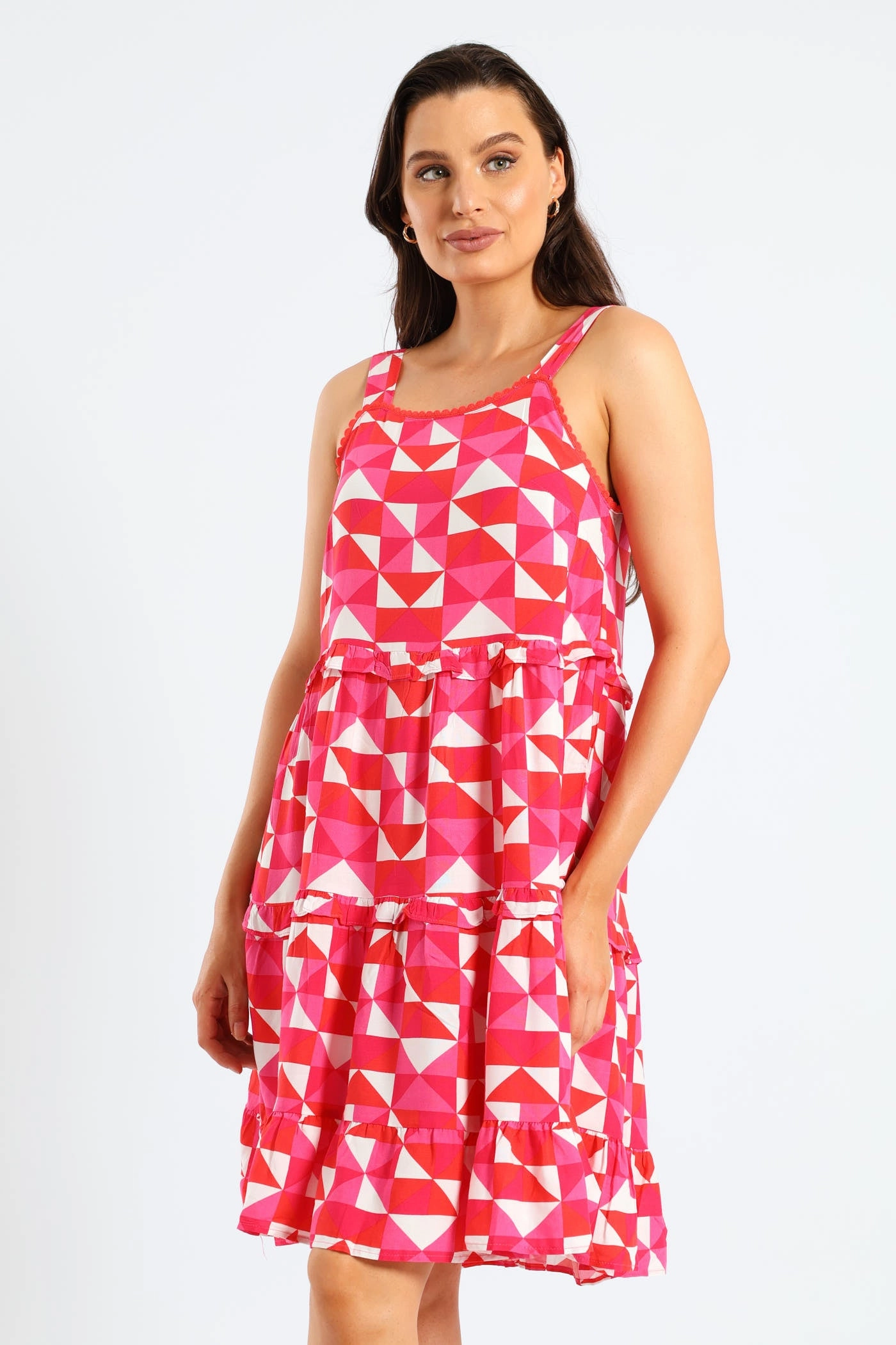 Rickrack Detail Tiered Mini Sun Dress - White/Pink Sophisticated Elegance