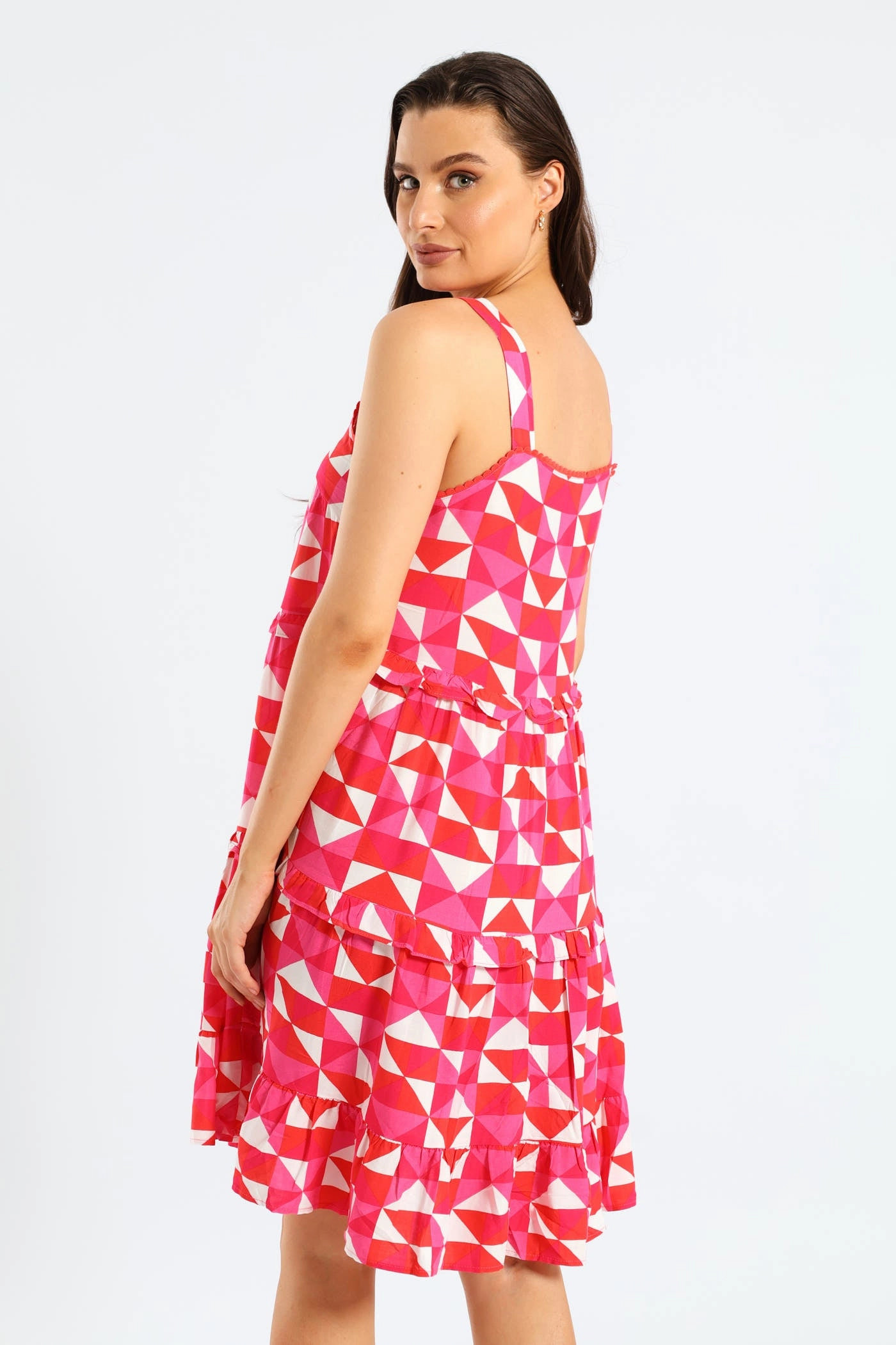 Summer Mood City Ready Rickrack Detail Tiered Mini Sun Dress - White/Pink