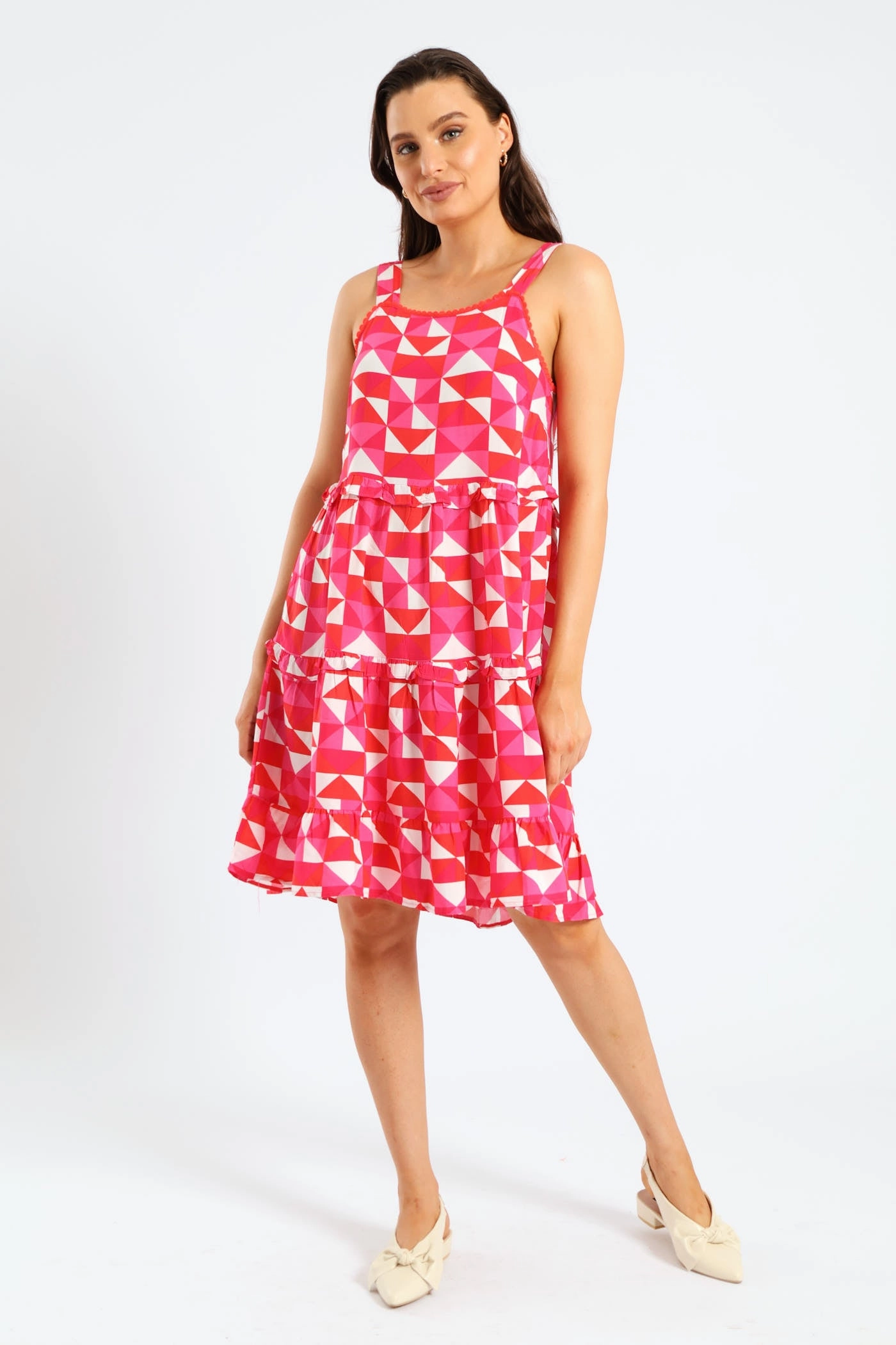 Oversized-Fit Rickrack Detail Tiered Mini Sun Dress - White/Pink