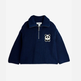 Mini Rodini Panda patch chunky knit half zip sweater, Blue Airflow Ventilation System High Collar Windguard
