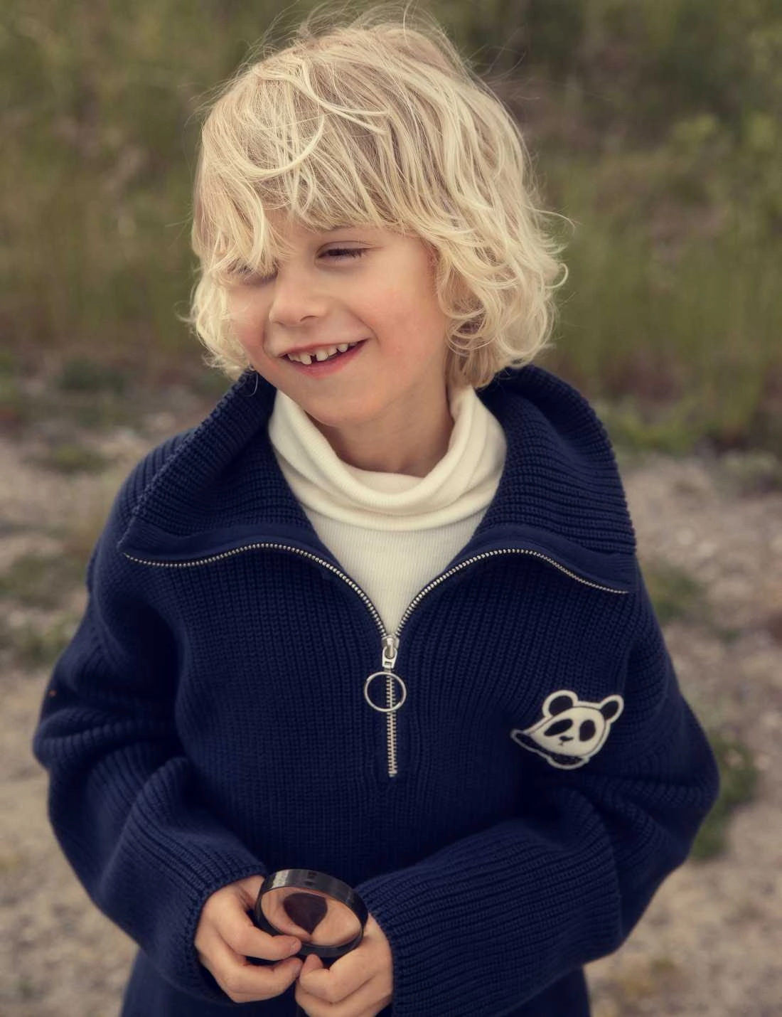 Mini Rodini Panda patch chunky knit half zip sweater, Blue Modern Fit Enhanced Edge Binding