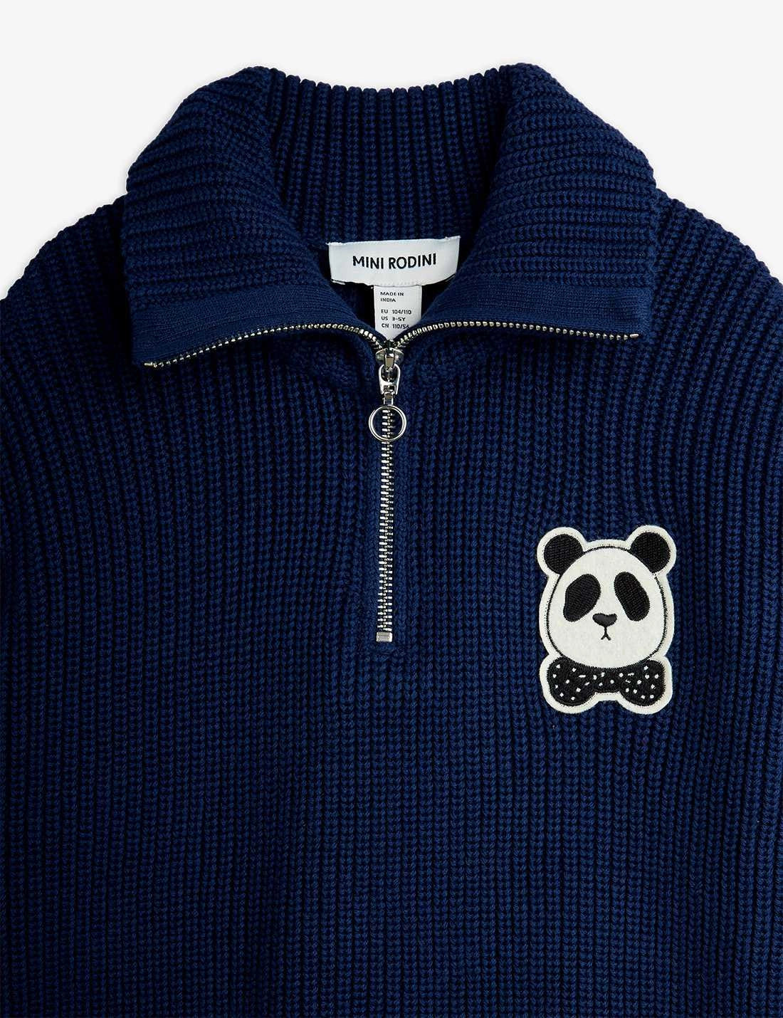 Mini Rodini Panda patch chunky knit half zip sweater, Blue Odor Resistant Finish