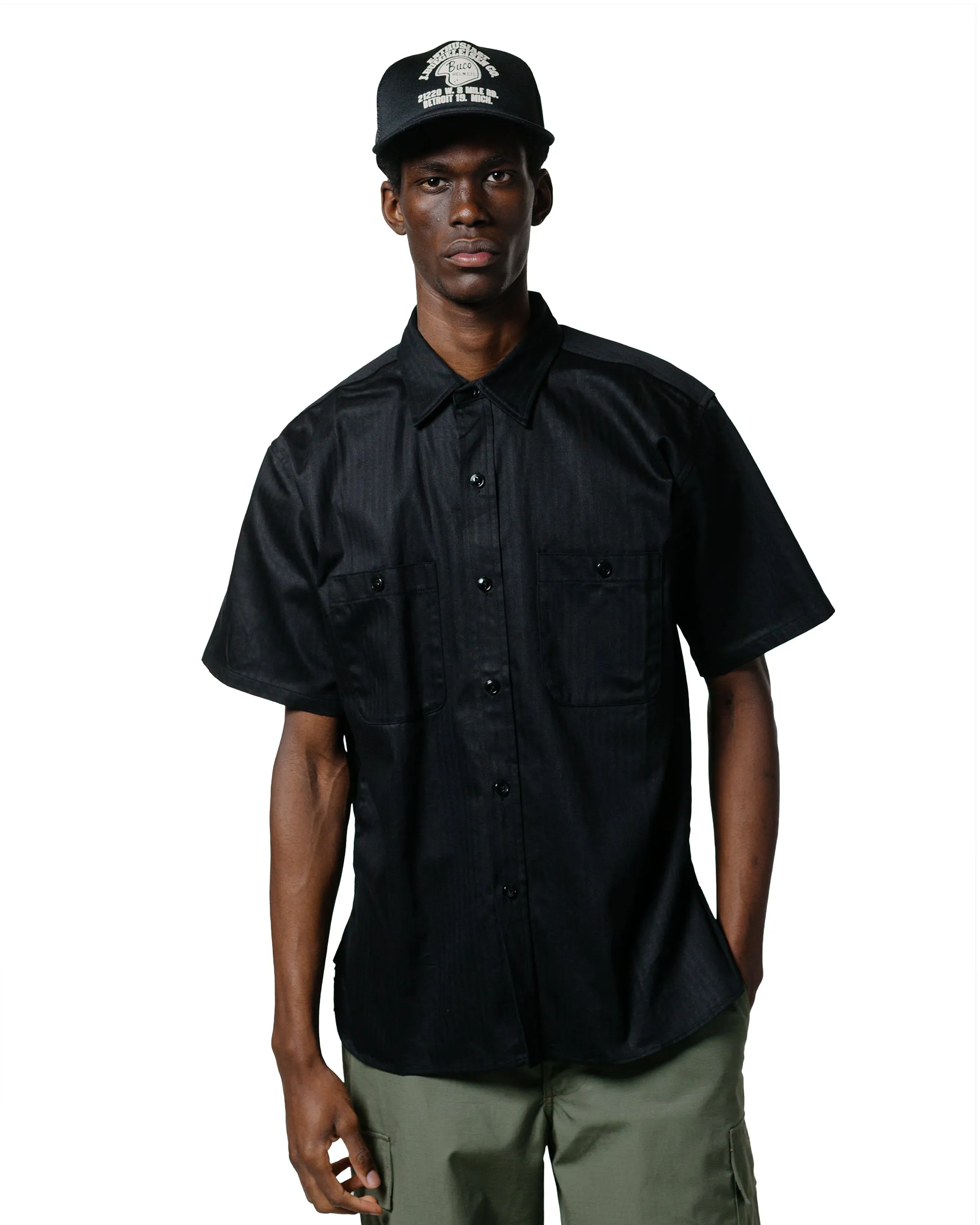 The Real McCoy's MS25013 8HU HBT Work Shirt S/S Black Graduation Attire Stretchy Cloth