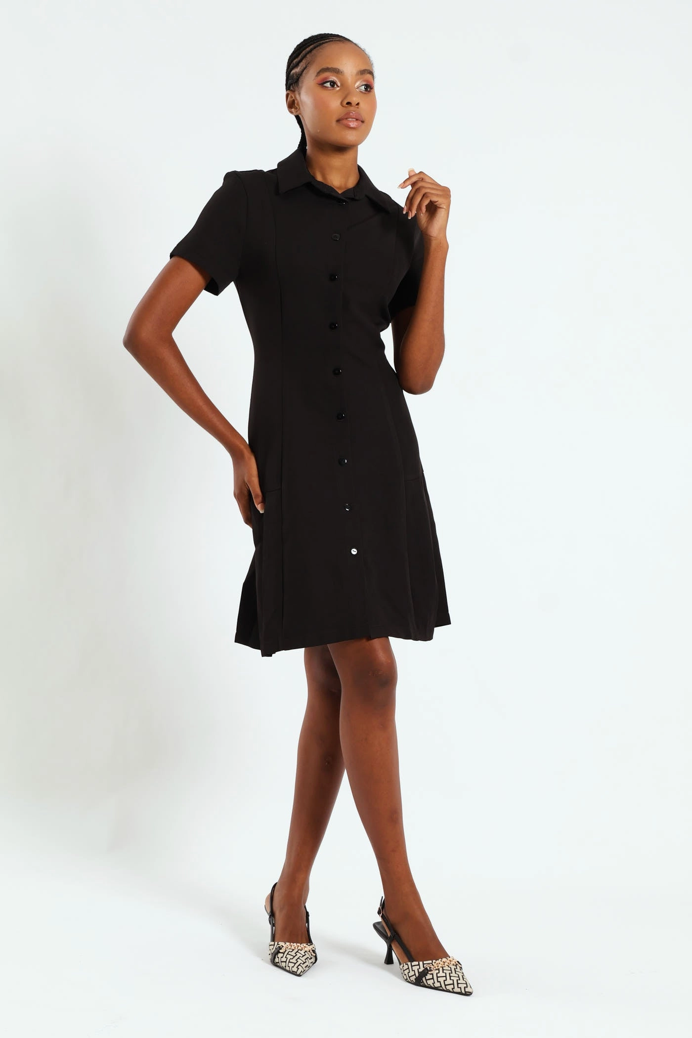 Button Through Pleated Work Dress - Black Stylish Wear
