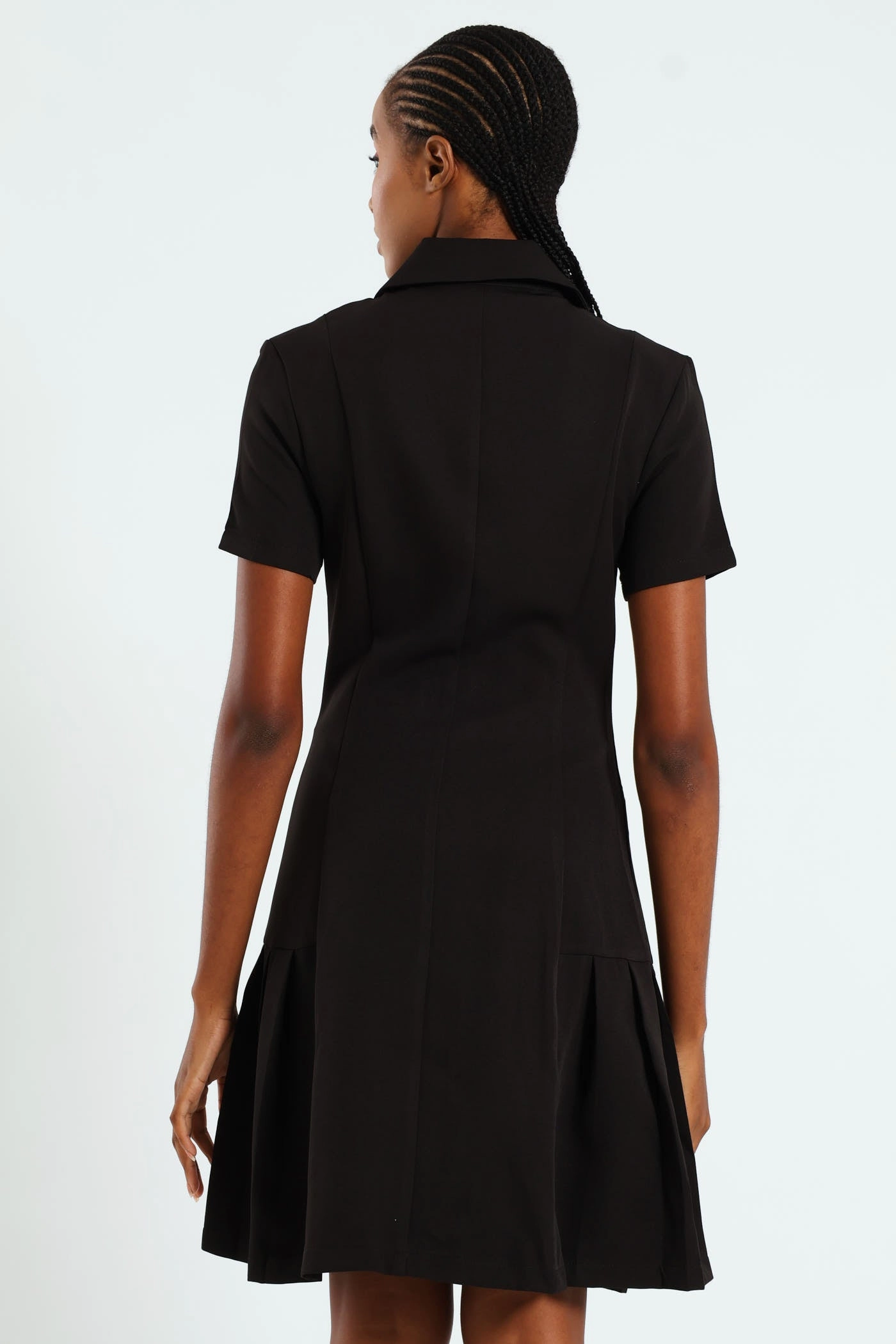 Button Through Pleated Work Dress - Black Playful Cut Silky Finish