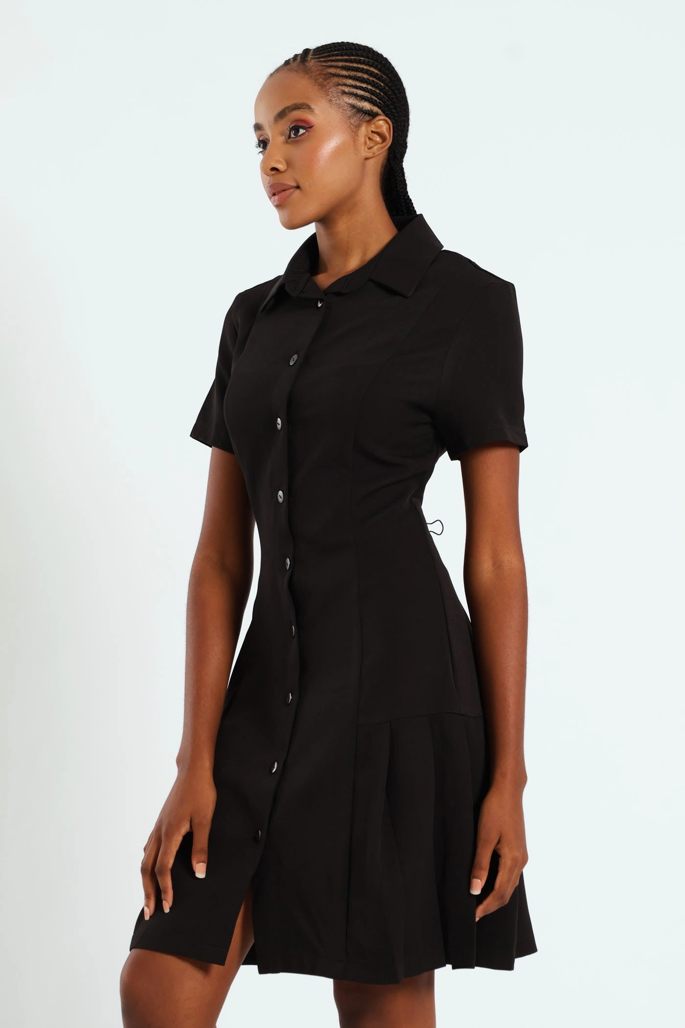 Classic Layers Button Through Pleated Work Dress - Black