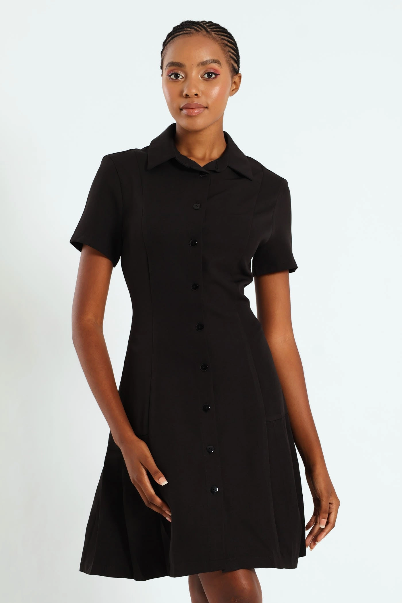 Button Through Pleated Work Dress - Black Soft Neutral